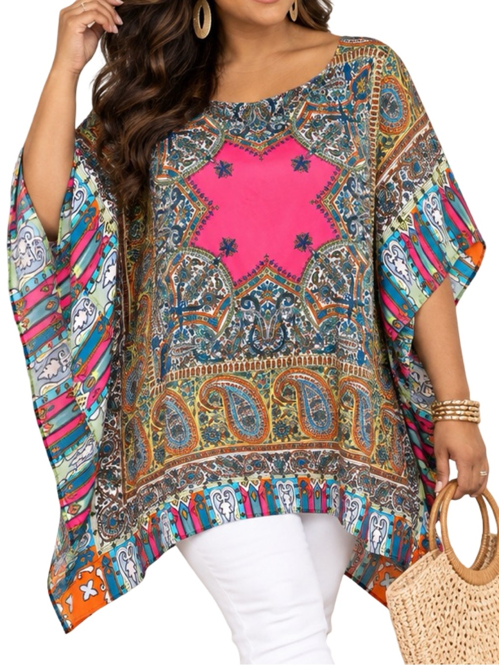 Chico’s Multicolor Paisley Border Poncho Kaftan Top L/XL